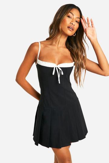 Bengaline Tie Front Strappy Skater Dress black