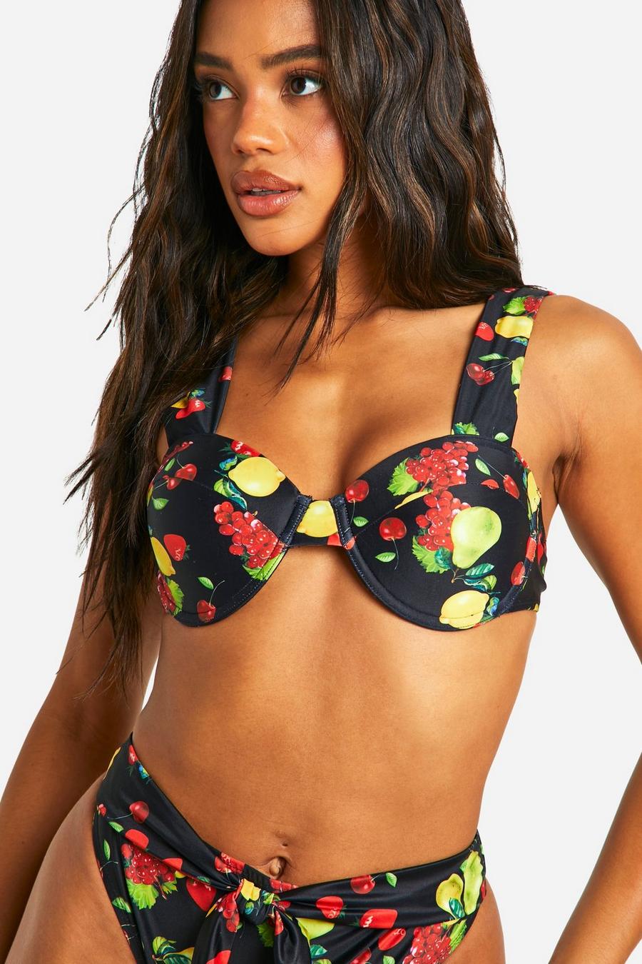 Black Fruit Print Underwired Bikini Top