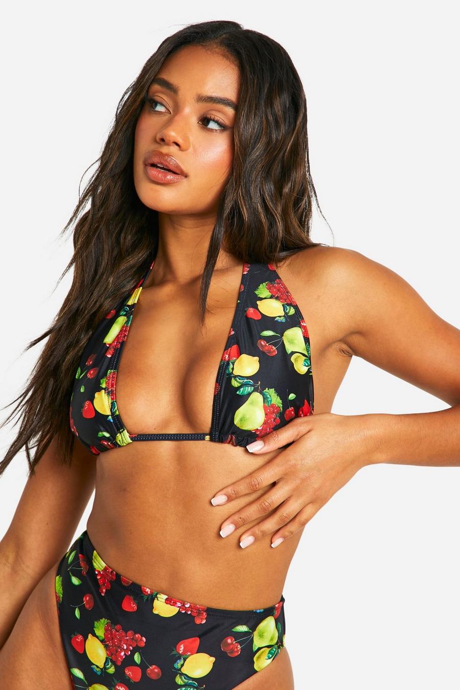 Black Fruit Print Halterneck Bikini Top
