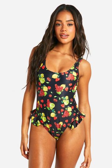 Fruit Print Frill Scoop Swimsuit black