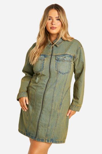 Plus Denim Zip Up Shift Dress vintage wash