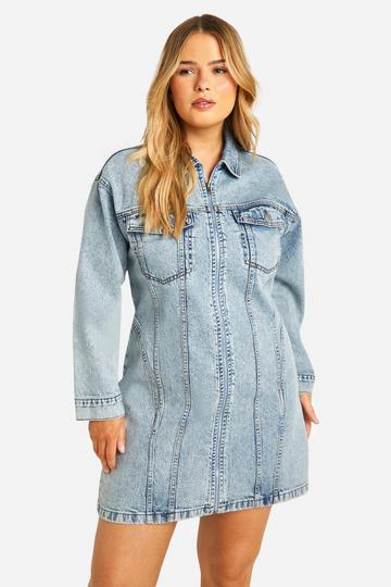 Plus Denim Zip Up Shift Dress acid wash light blue