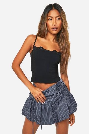 Navy Ruched Pinstripe Micro Mini Skirt