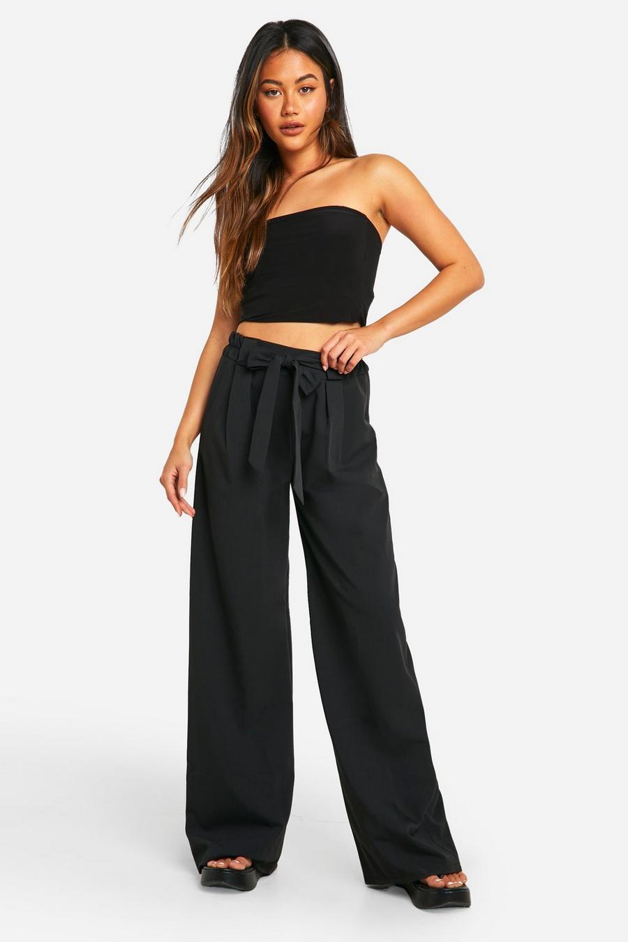Black Bow Detail Belted Straight Leg Pants