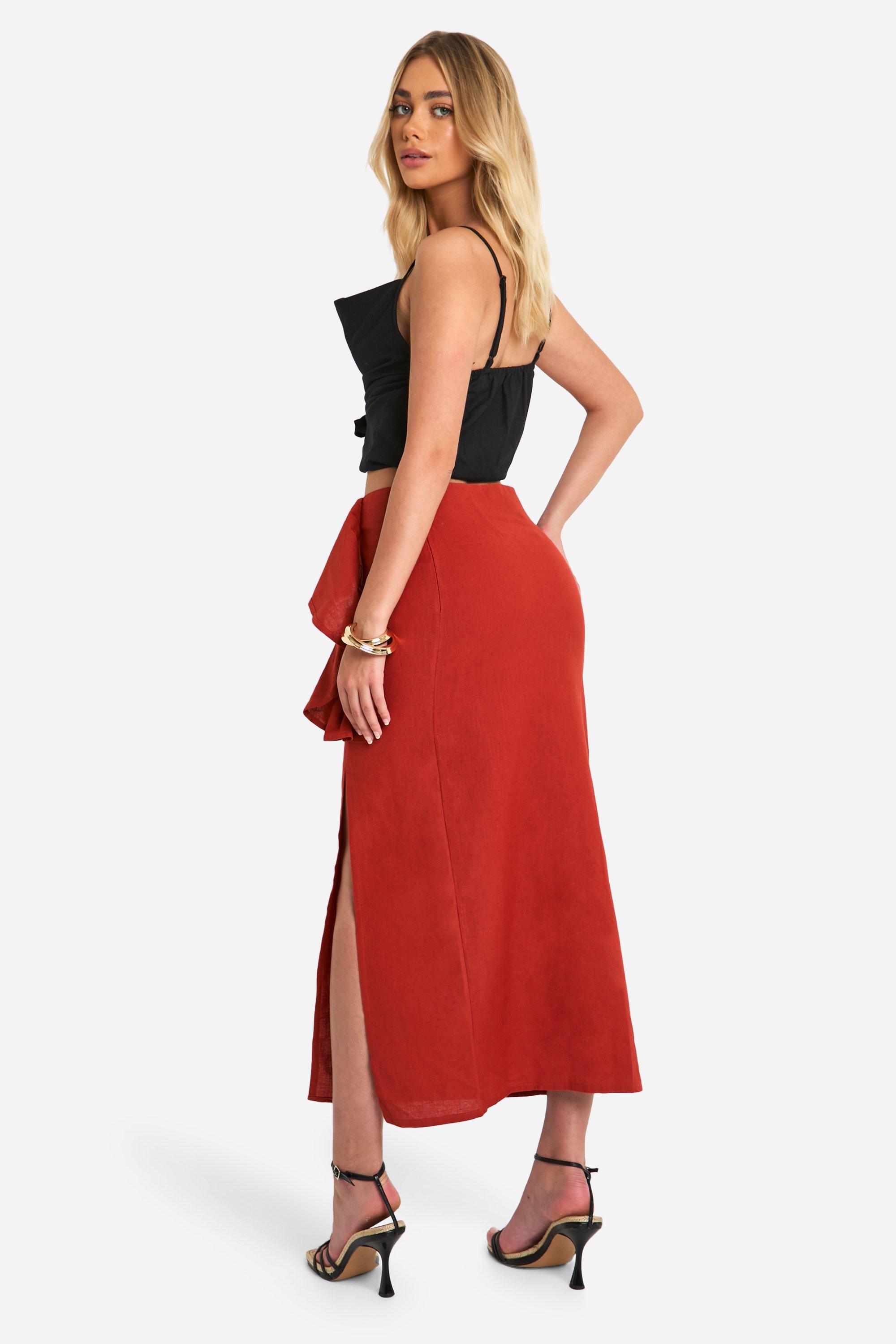 boohoo Women s Drape Detail Split Midaxi Skirt Red Mid Length Skirts