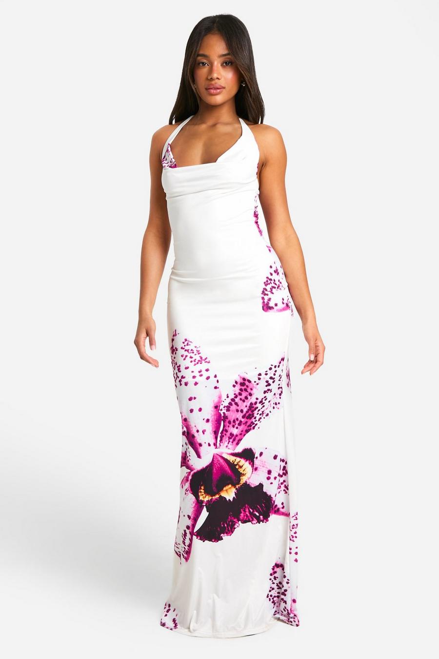 White Floral Cowl Neck Slinky Maxi Dress
