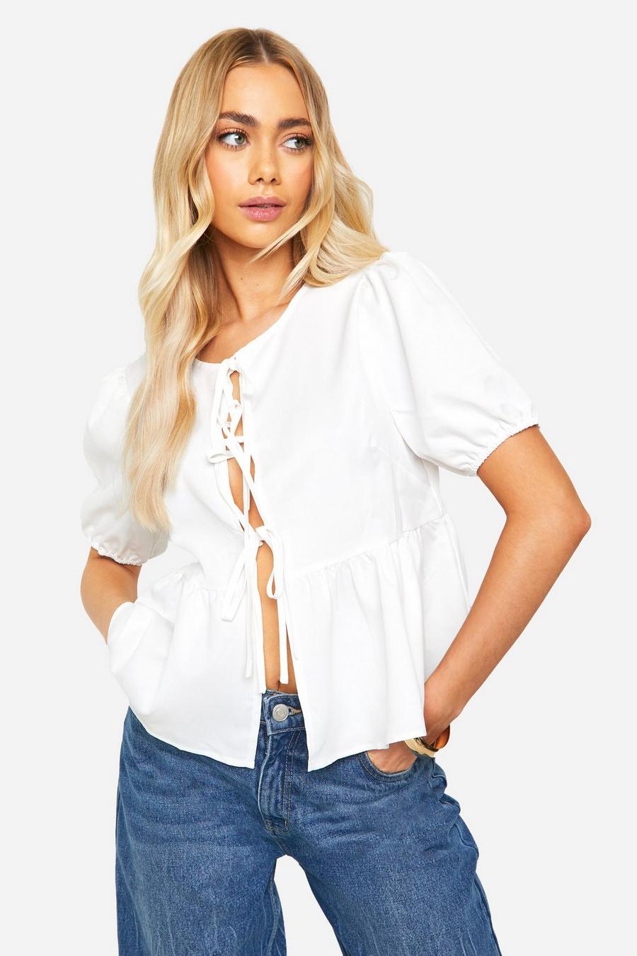 White Puff Sleeve Poplin Bow Top image number 1