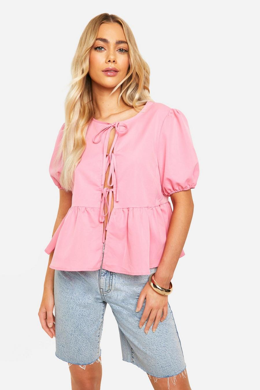 Baby pink Puff Sleeve Poplin Bow Top  image number 1