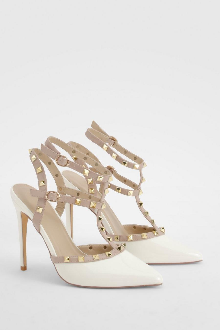 White Stud Detail Strappy Court Heels image number 1