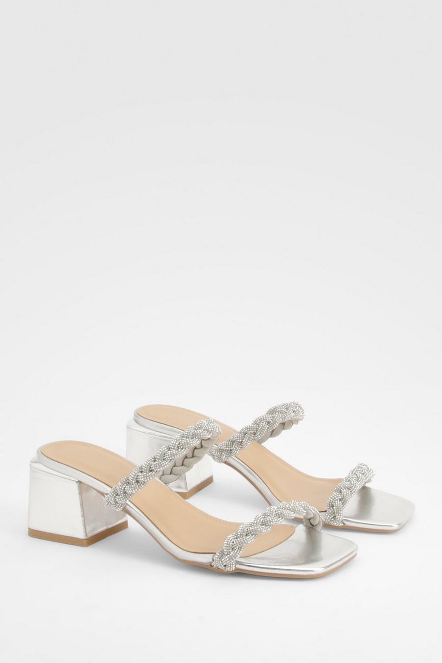 Silver Embellished Strap Low Block Heeled Mules