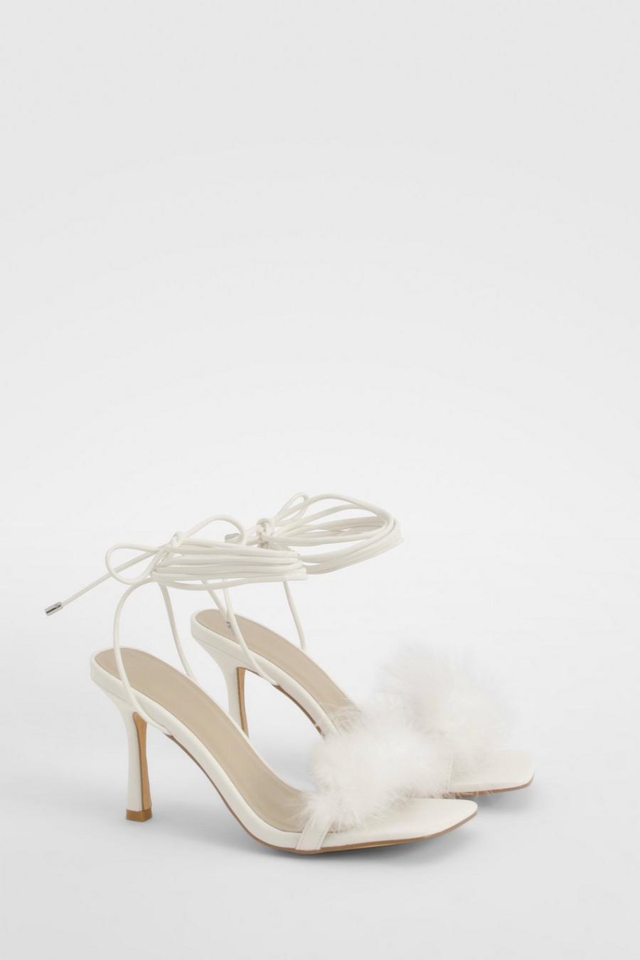 White Feather Strap Wrap Up Heels