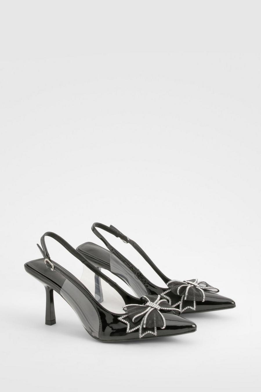 Black Diamante Trim Bow Detail Court Heels