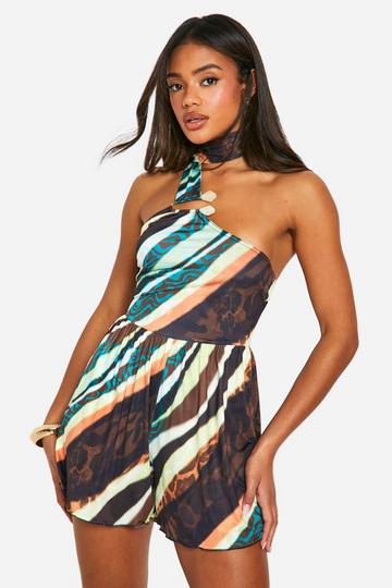 Slinky Asymetric Wrap Around Halter Flippy Romper chocolate