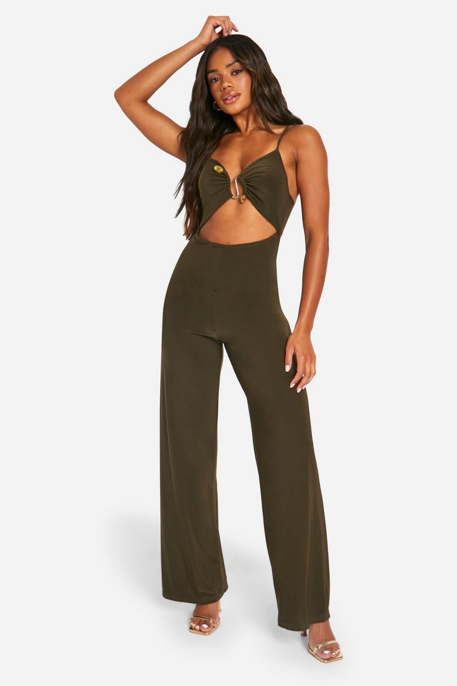 Khaki Slinky Ruched Front Wide Leg Jumpsuit image number 1