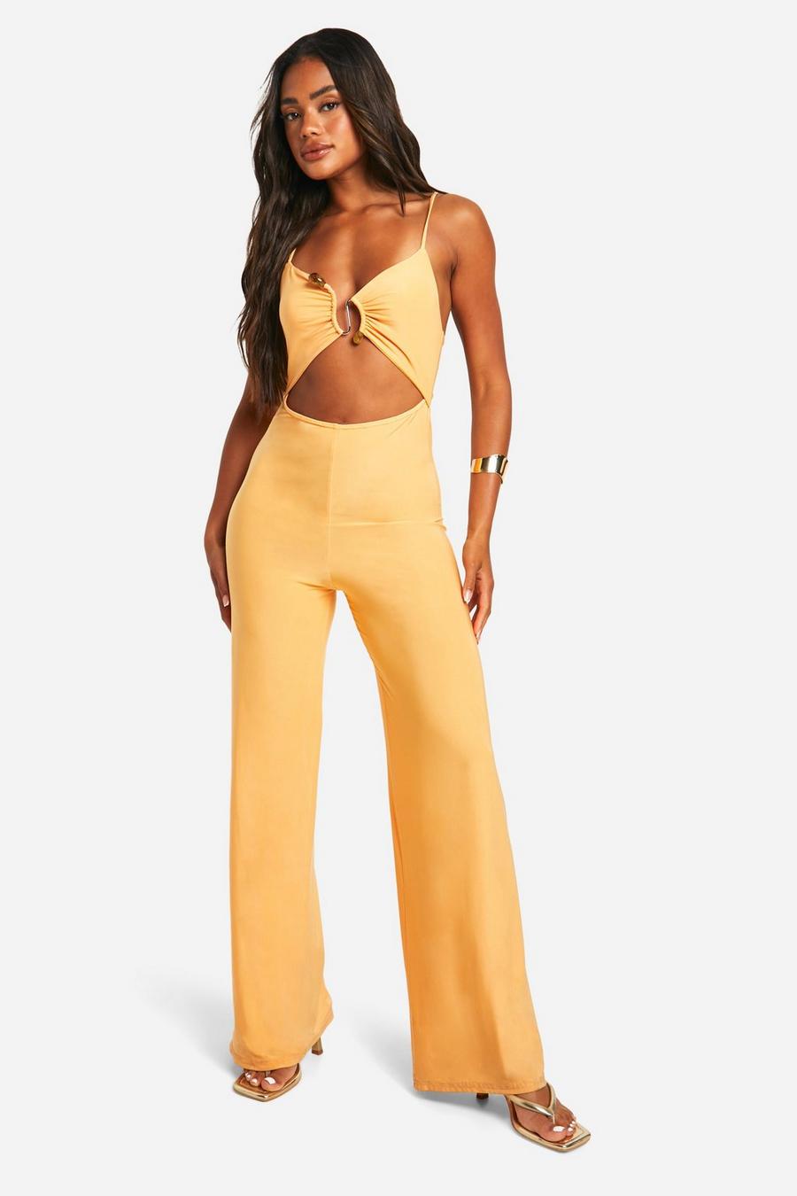 Yellow Slinky Ruched Front Wide Leg Jumpsuit image number 1