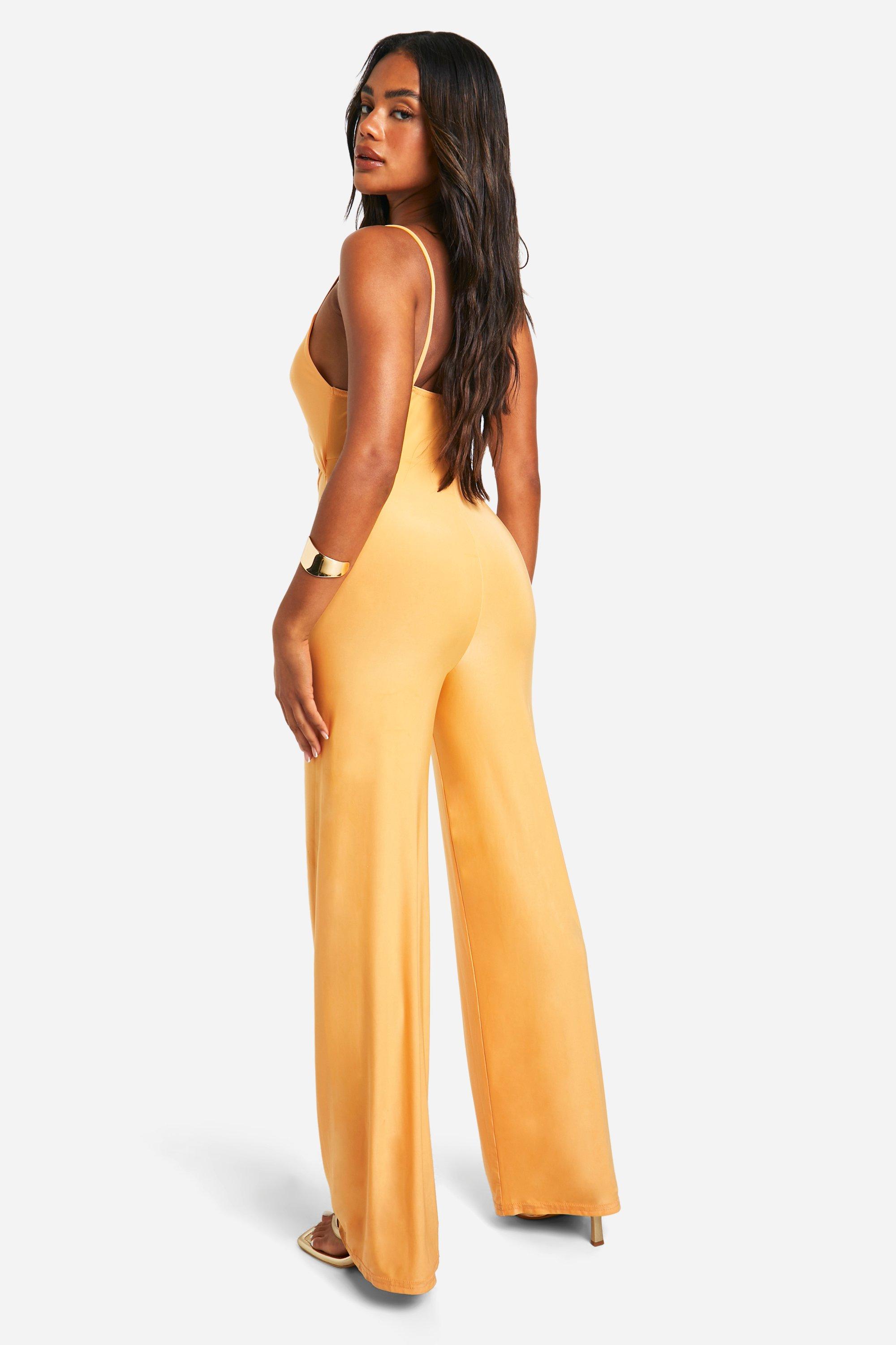 boohoo Slinky Ruched Front Wide Leg Jumpsuit Yellow Size 12