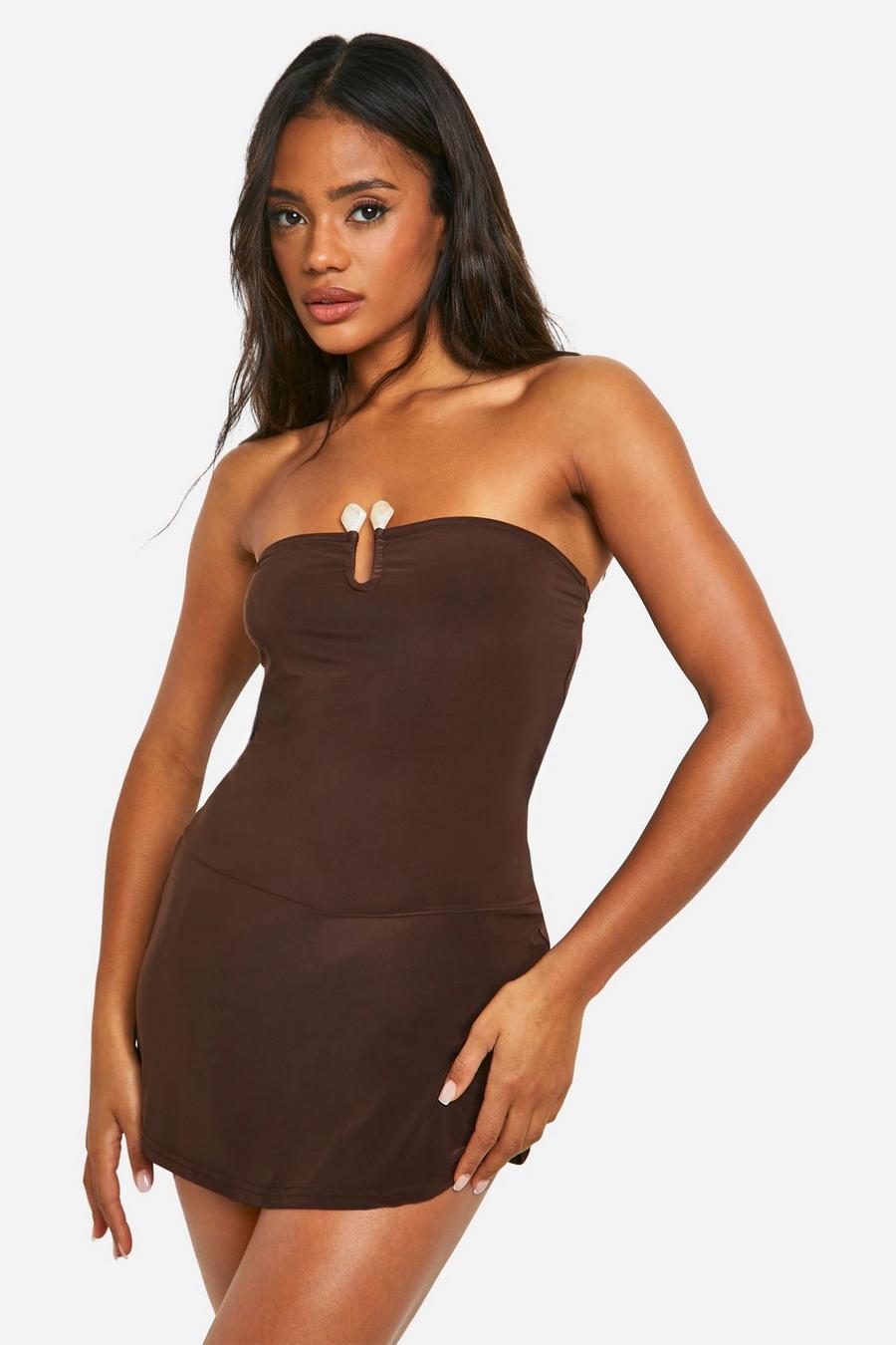 Chocolate Slinky Bandeau Skort Playsuit With Draped Open Back 
