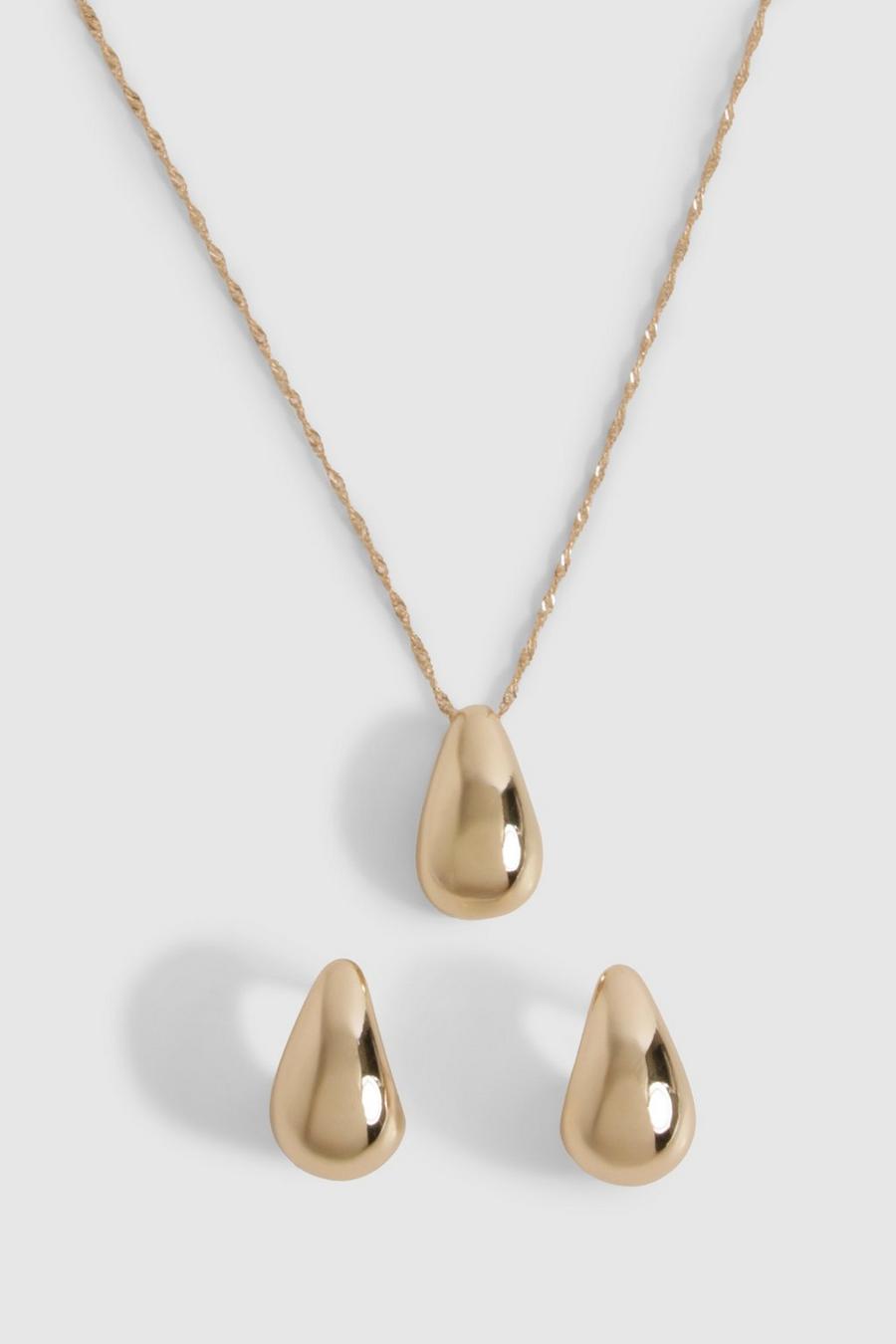 Gold Chunky Tear Drop Necklace & Earring Set 
