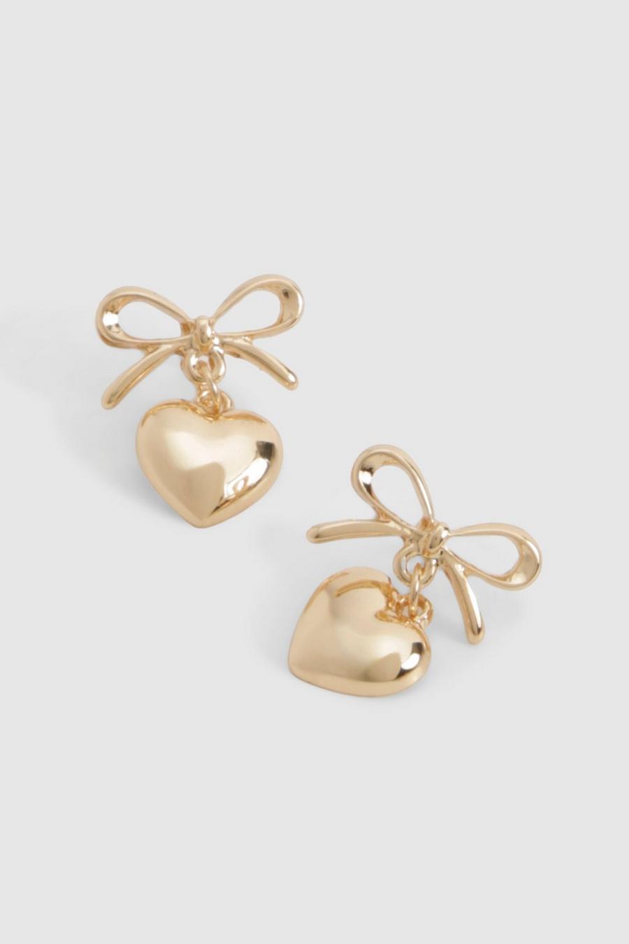 Gold Bow & Heart Drop Earrings 