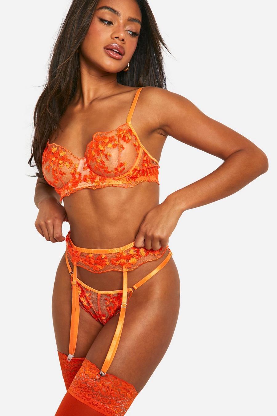 Orange Floral Lace Bra, Thong & Suspender Set  image number 1