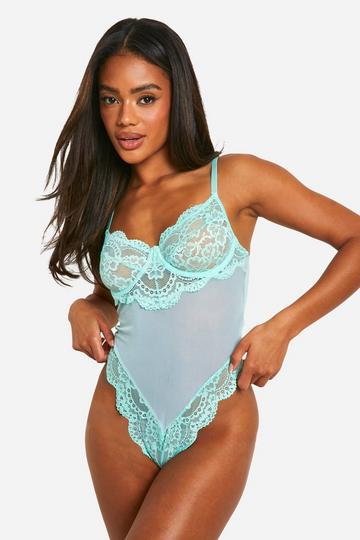 Lace And Mesh Panel Bodysuit aqua