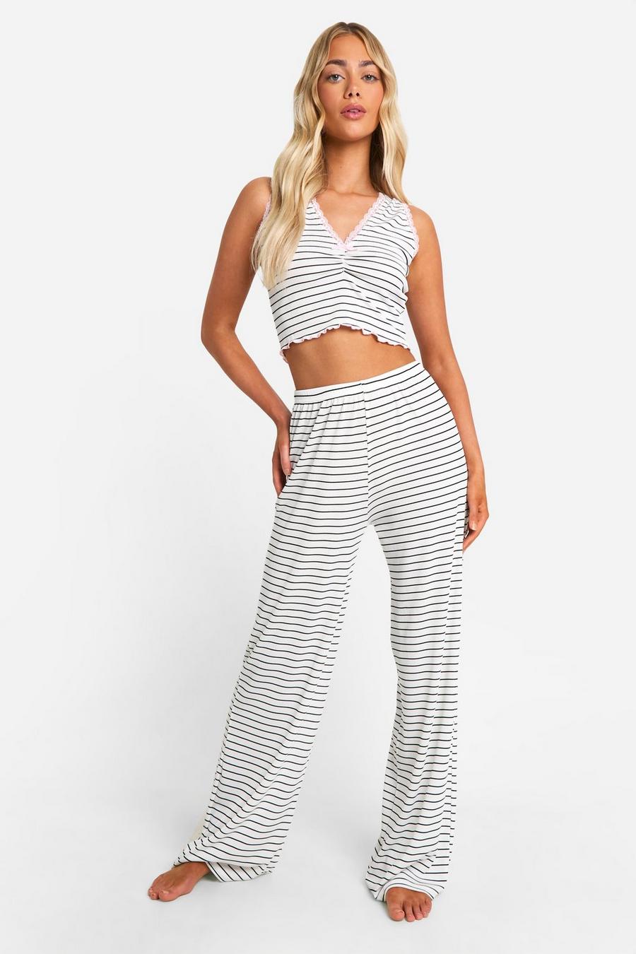 Cream Stripe Lace Tank Top And Pants Pajama Set