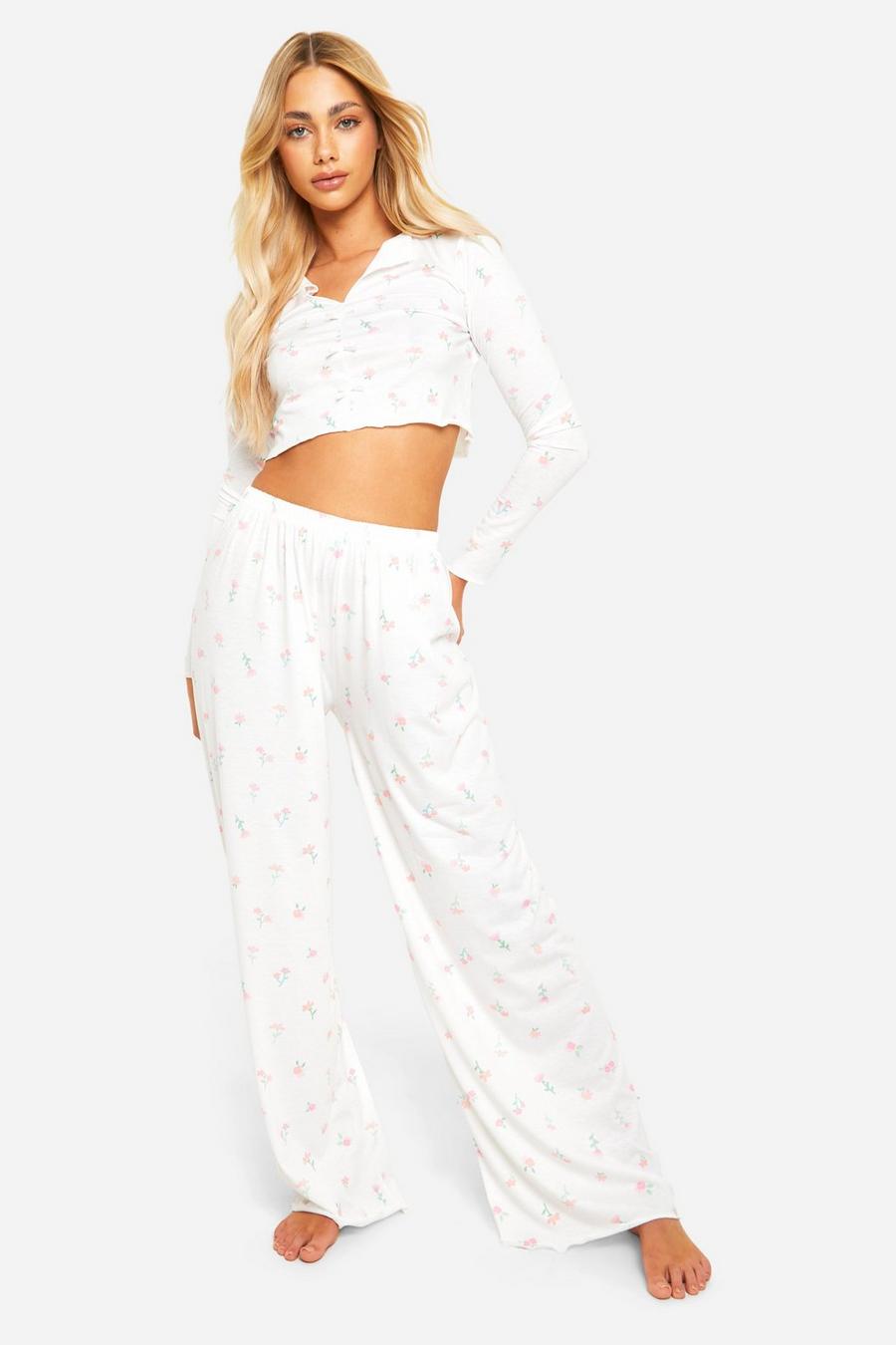 Pijama de pantalón largo con estampado de flores y lazo, White image number 1