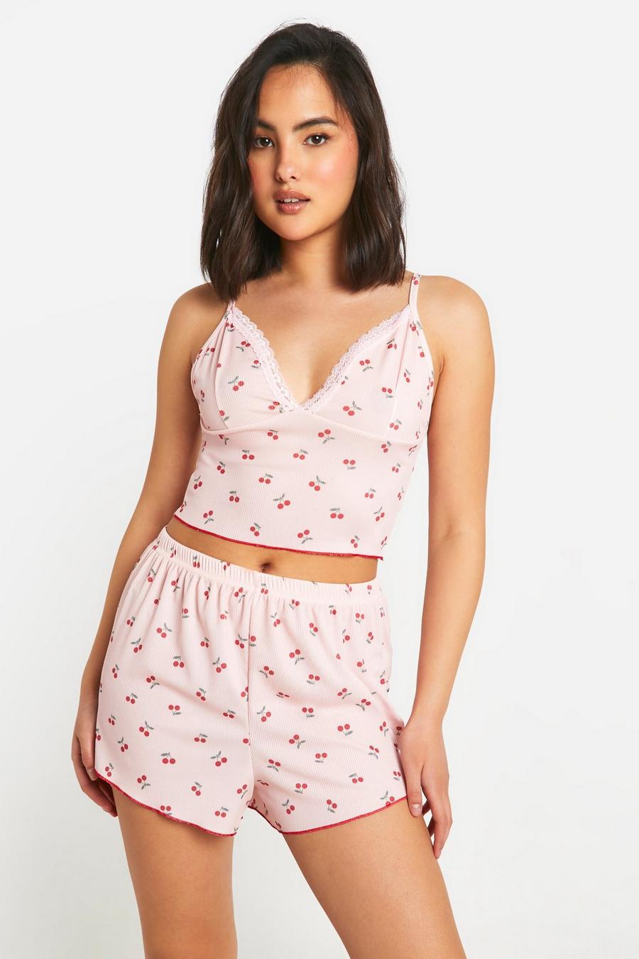 Pink Cherry Print Cami And Short Pajama Set image number 1