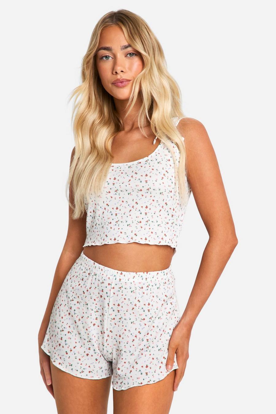 Cream Ditsy Floral Tank Top And Short Pajama Set image number 1