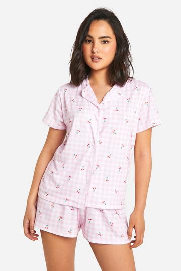 Pink Cherry Print Gingham Short Sleeve Shirt & Shorts Pyjama Set