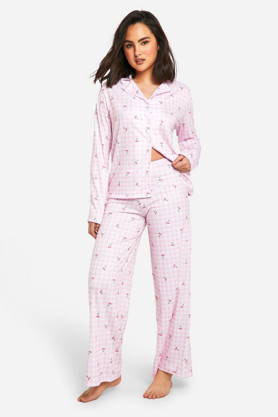 Pink Cherry Gingham Button Up Pajama Set image number 1