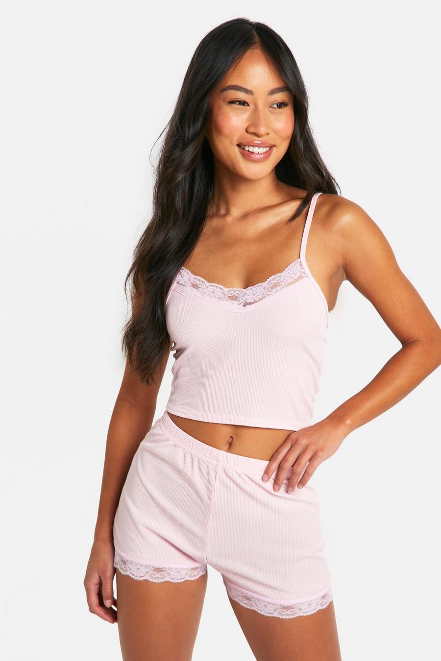Pink Lace Trim Cami And Short Set  