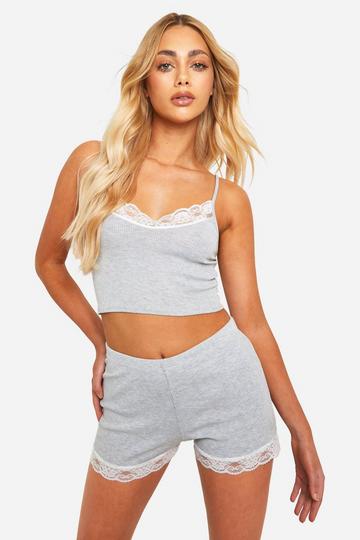 Grey Lace Trim Cami And Short Set