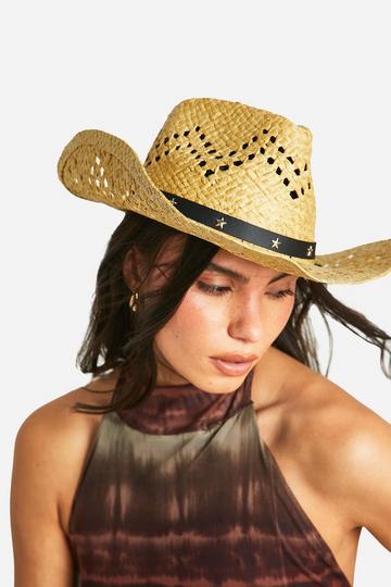 Star Studded Detail Straw Western Hat natural