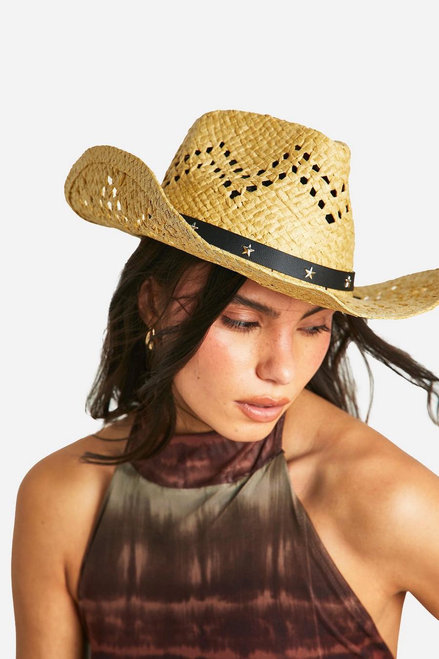 Sombrero de paja estilo Western con tachuelas de estrellas, Natural
