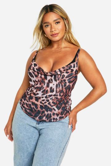 Plus Mesh Leopard Print Cowl Top leopard