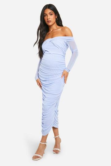 Maternity Knot Front Mesh Bardot Midaxi Dress light blue