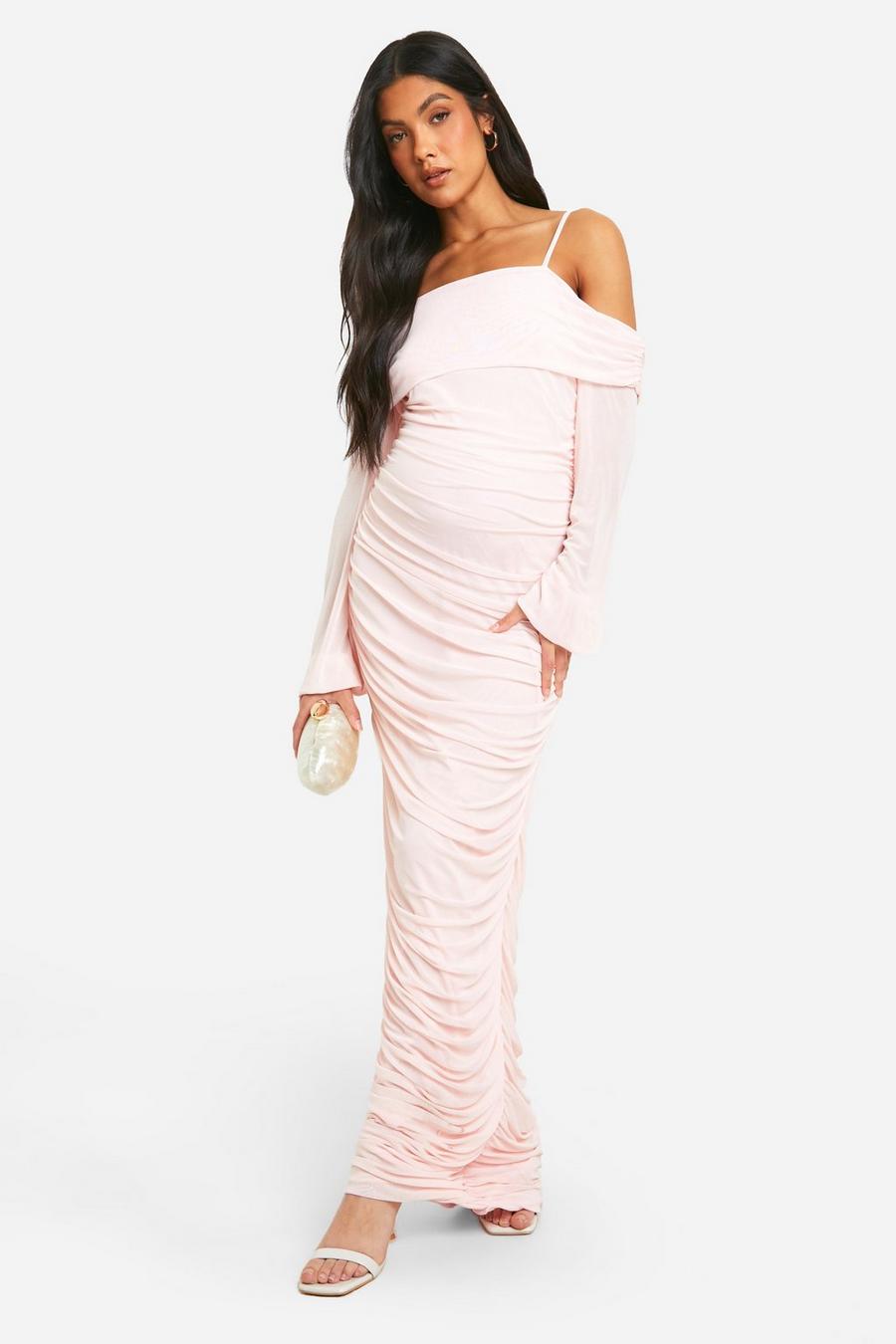Baby pink Maternity Cold Shoulder Mesh Bodycon Maxi Dress