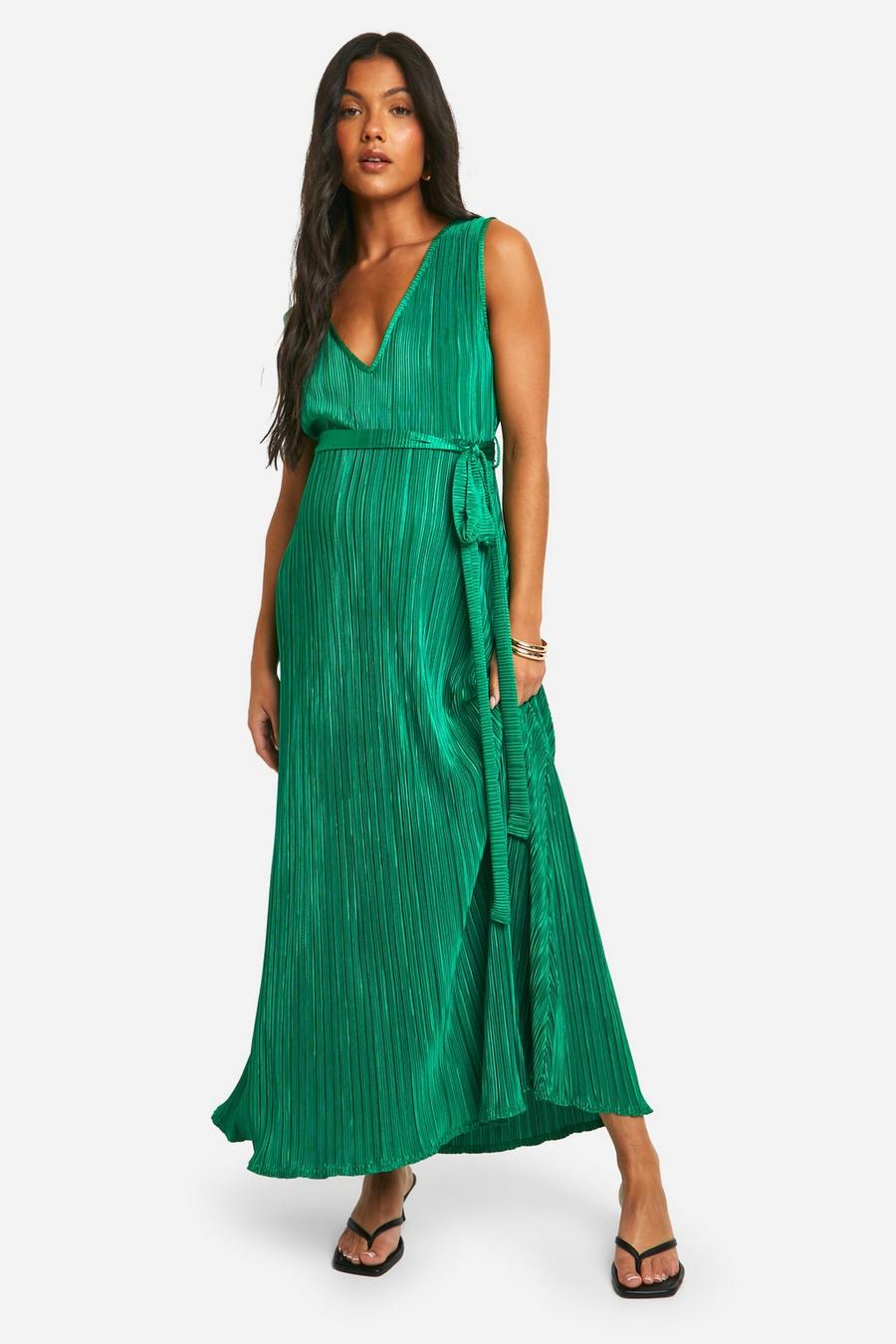 Green Maternity Plisse Belted V-neck Midaxi Dress