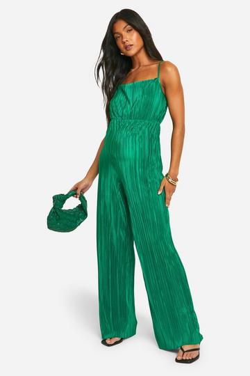 Zwangerschap Plisse Wide Leg Jumpsuit Met Waterval Hals green