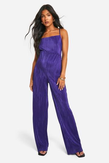 Purple Maternity Cowl Neck Plisse Wide Leg Jumpsuit