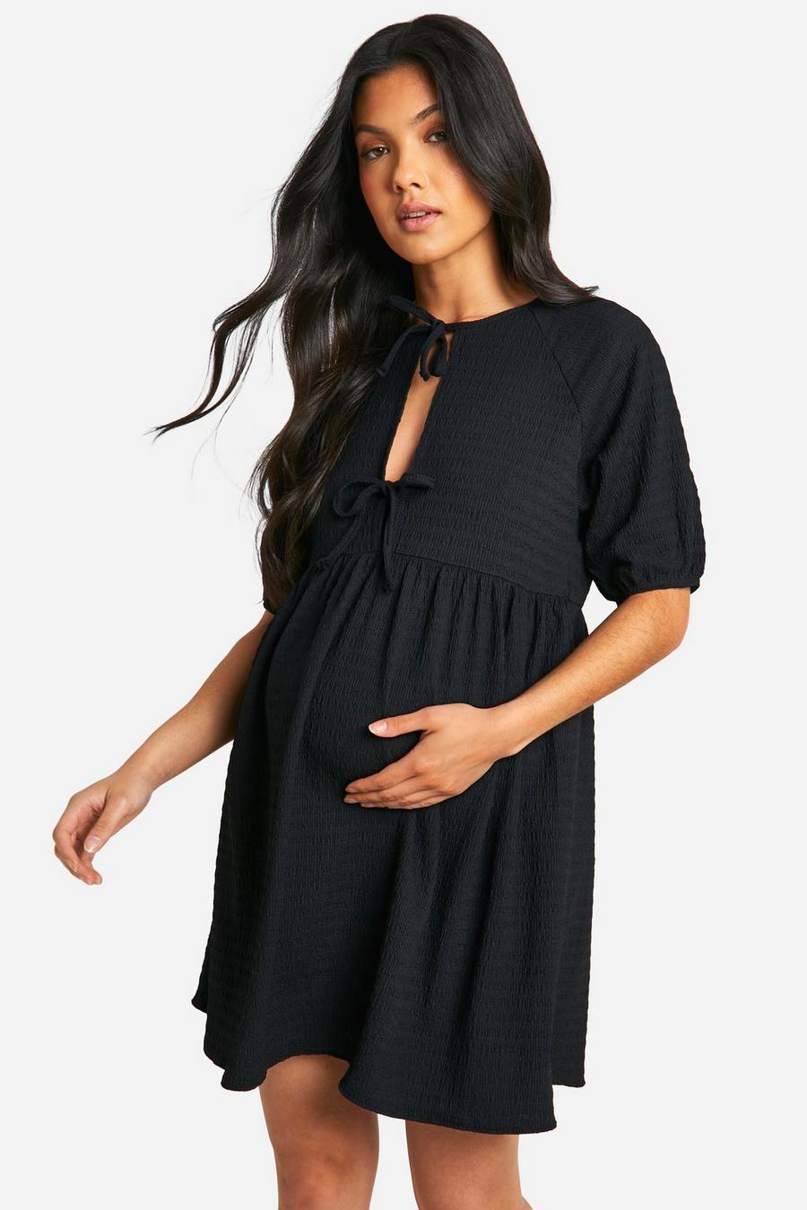 Black Maternity Tie Front Short Sleeve Smock Dress