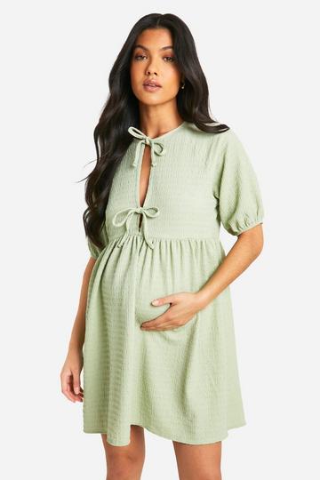 Sage Green Maternity Tie Front Short Sleeve Smock Dress