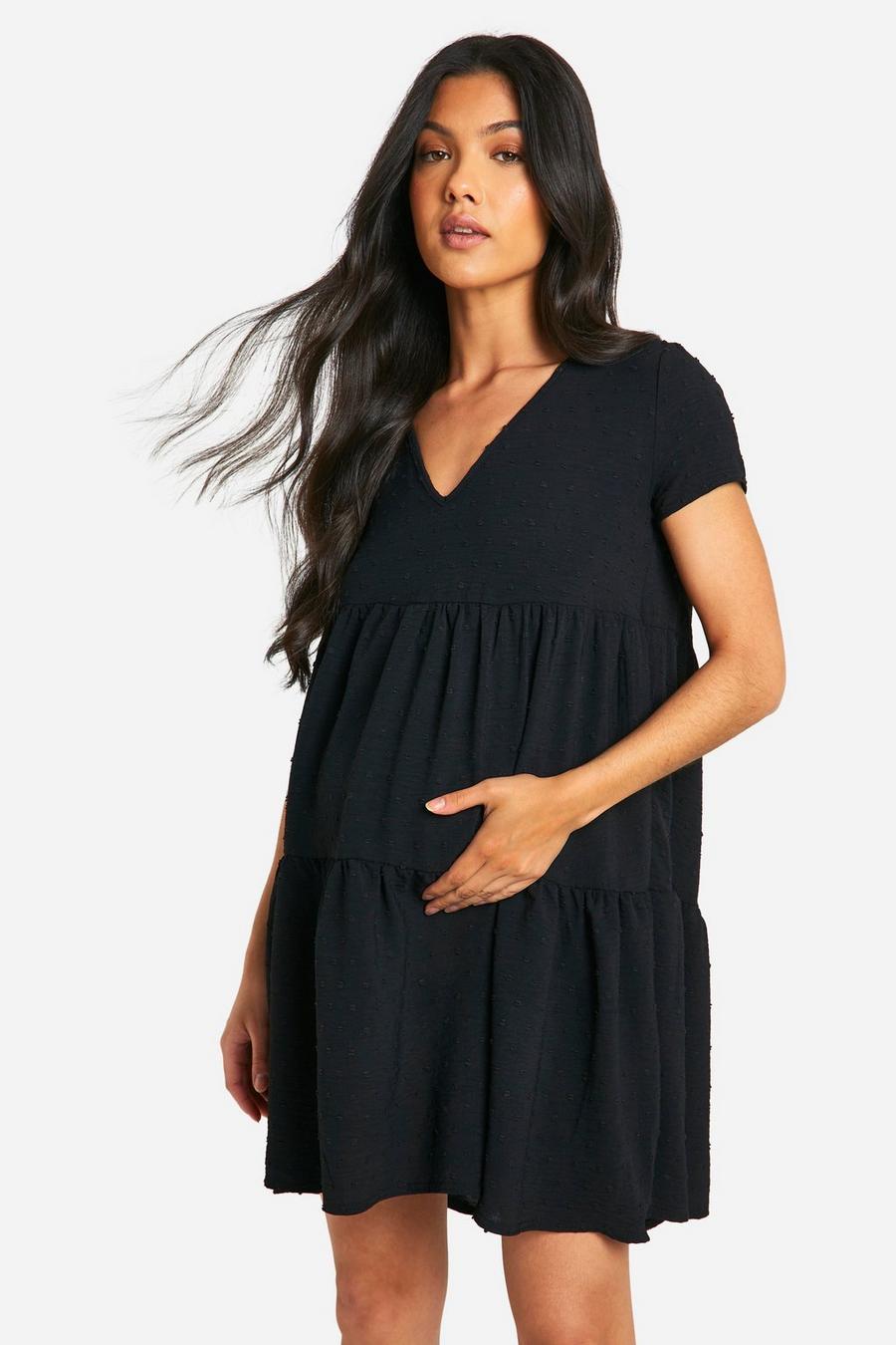 Black Maternity Dobby Short Sleeve Tiered Smock Dress image number 1