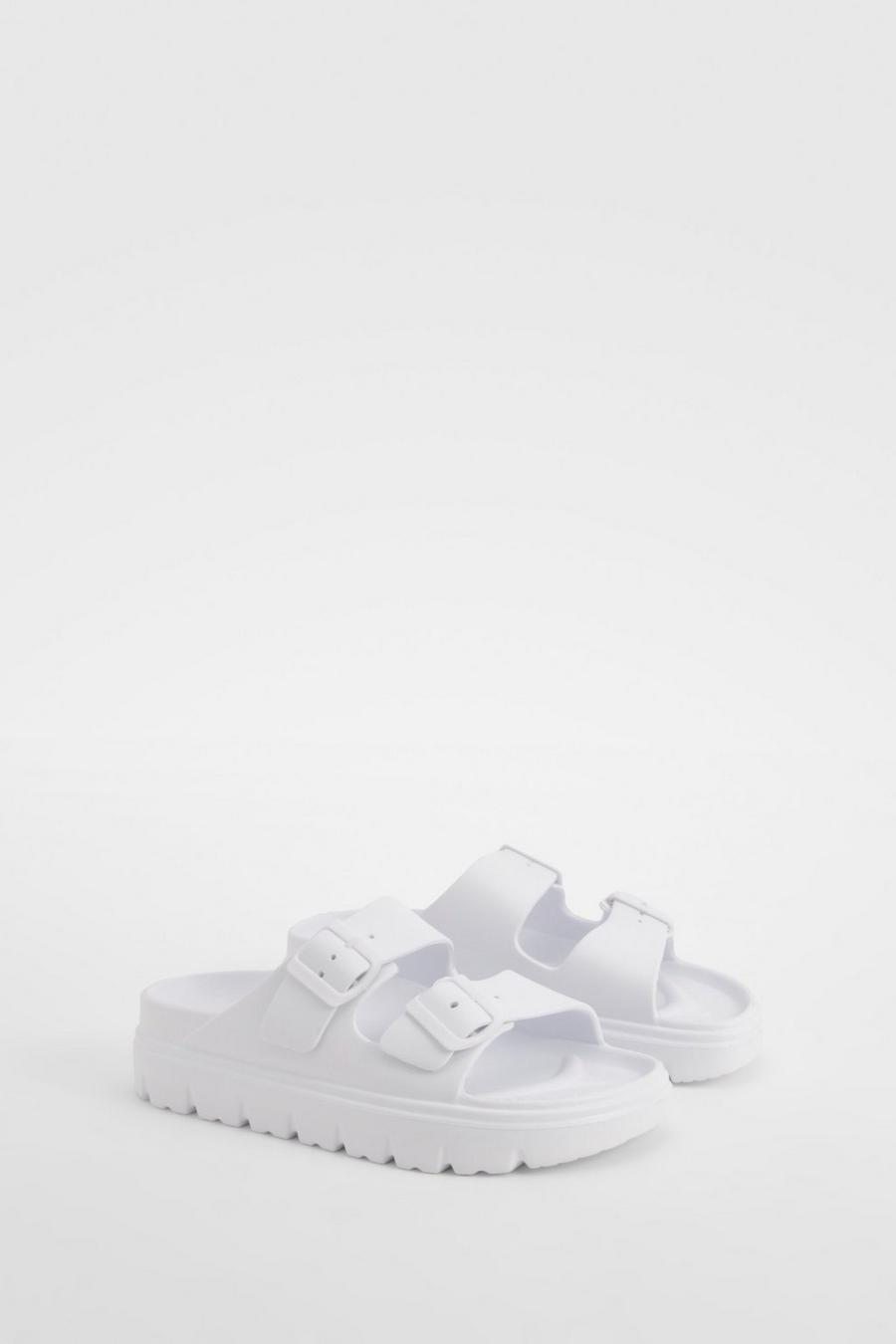White Wide Fit Double Strap Buckle Sliders    image number 1