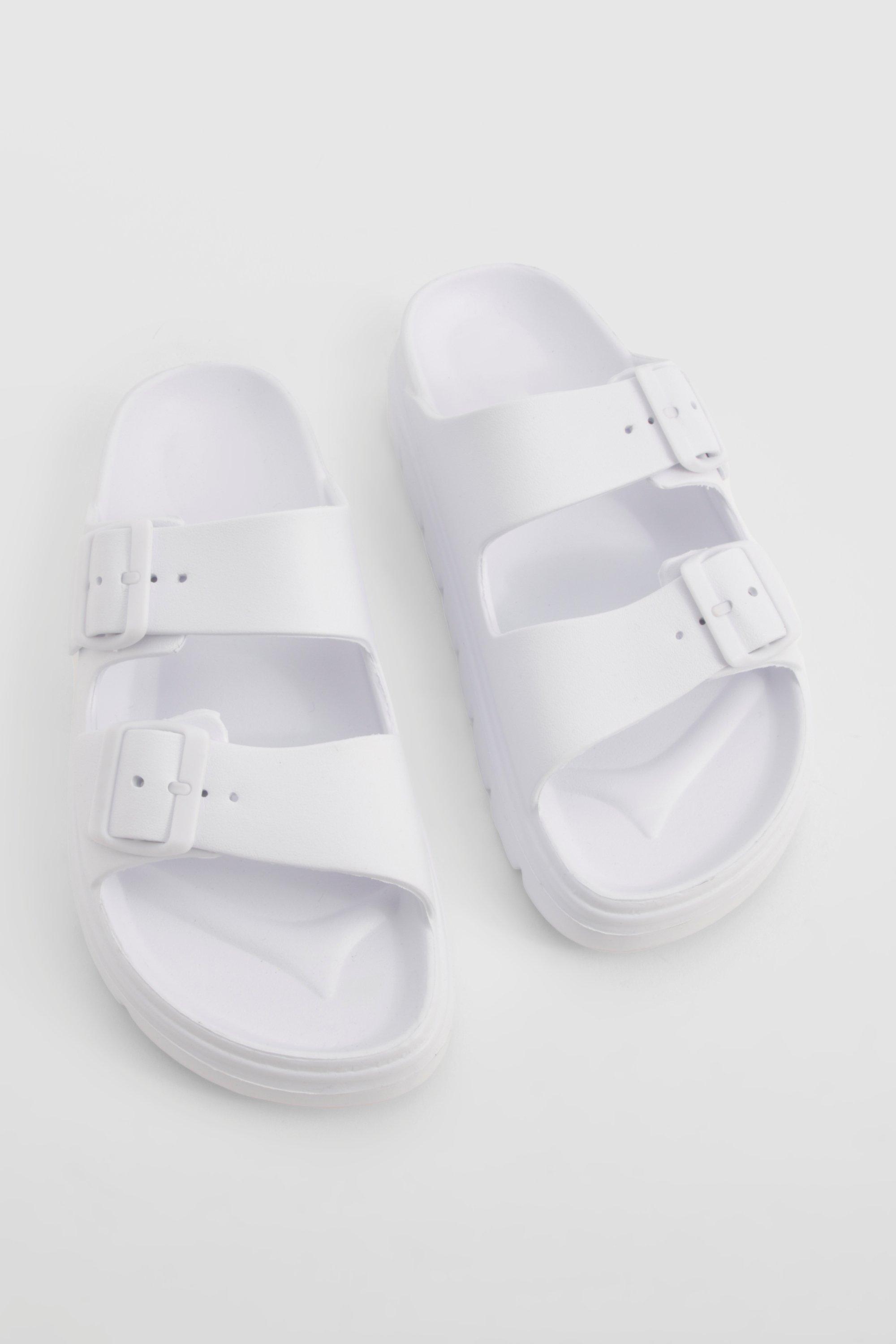 Boohoo Women s Wide Fit Double Strap Buckle Sliders White