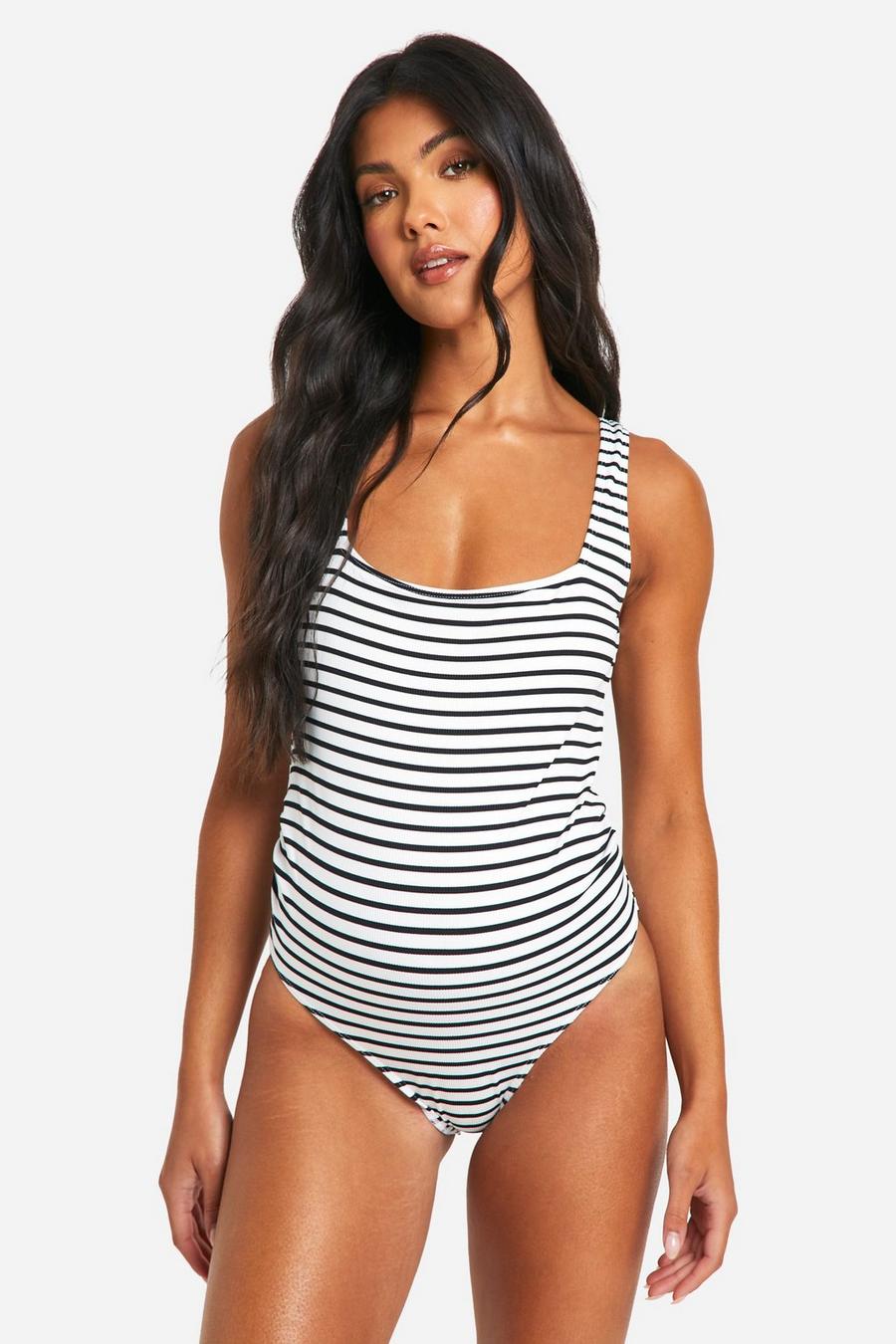 White Maternity Stripe Crinkle Square Neck Swimsuit image number 1