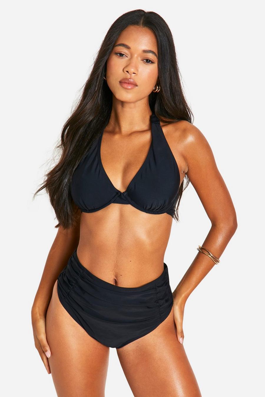 Black Ruched Supportive Underwired Bikini Top image number 1