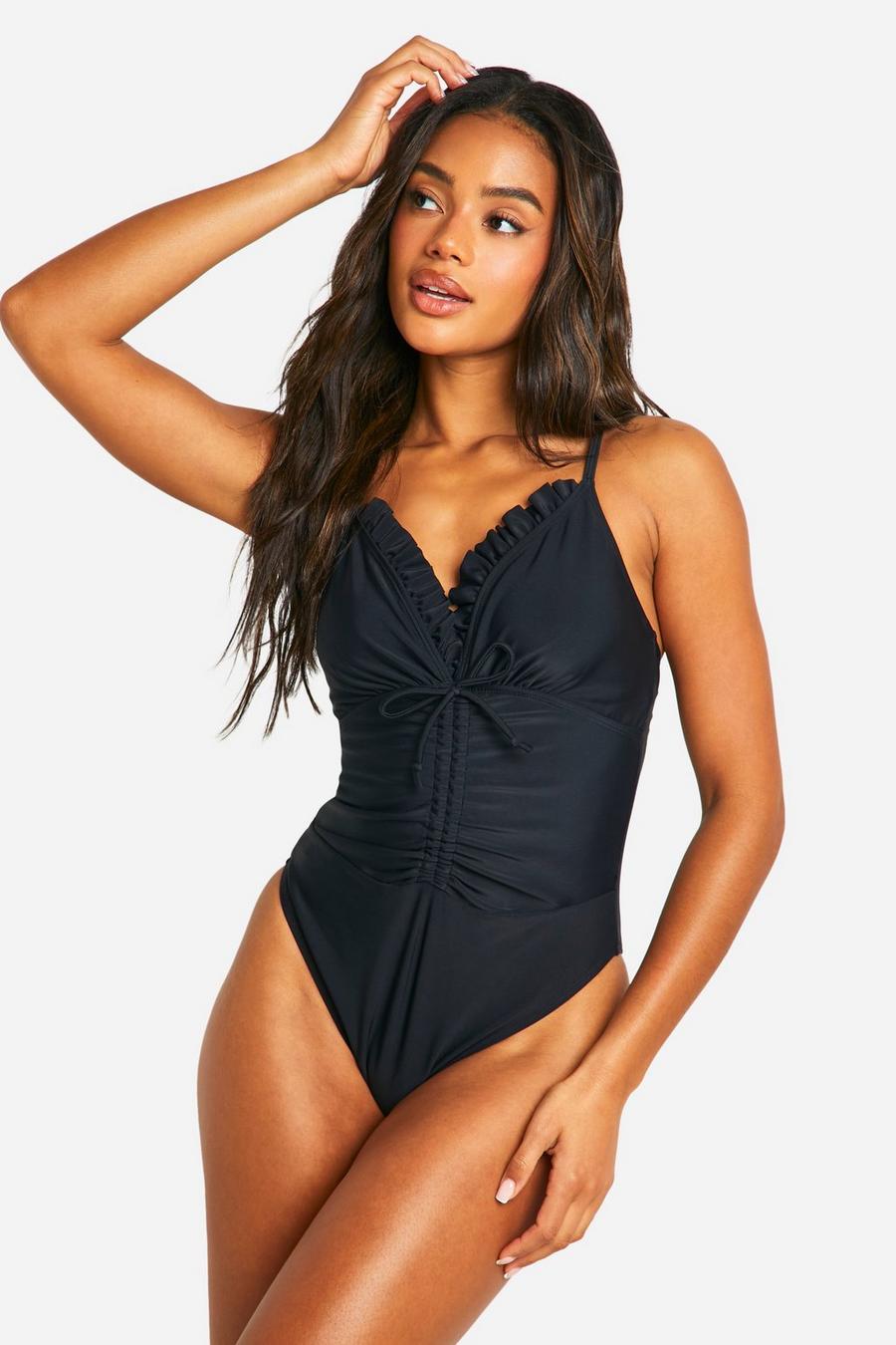 Black Tummy Control Ruched Ruffle Swimsuit image number 1