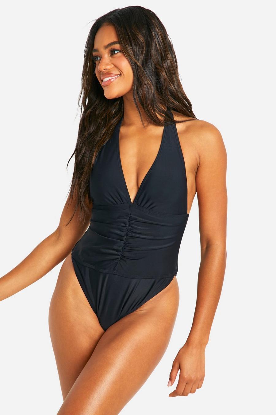 Black Tummy Control Ruched Plunge Swimsuit